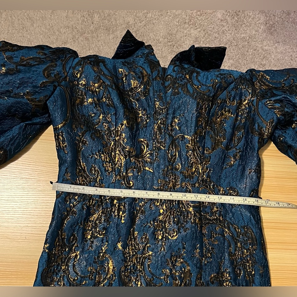 Badgley Mischka Metallic Brocade Jacquard Maxi Dress Blue Gold Puff Sleeve Dress - Picture 12 of 14